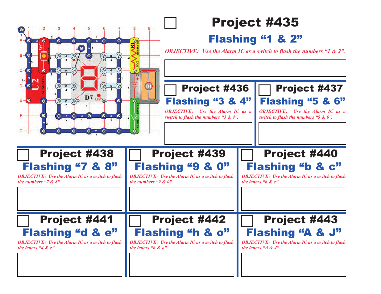 Project #435, Flashing “d & e, Flashing “h & o | Flashing “7 & 8, Flashing “9 & 0, Flashing “b & c, Project #443, Flashing “a & j, Flashing “1 & 2, Project #436 | Elenco Upgrade Kit SC100 to SC500 User Manual | Page 122 / 140