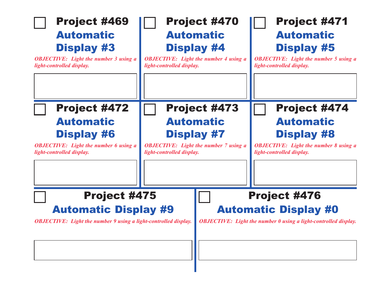 Project #469, Automatic display #3 project #475, Automatic display #9 project #476 | Automatic display #0 project #470, Automatic display #4 project #471, Automatic display #5 project #472, Automatic display #6 project #473, Automatic display #7 project #474, Automatic display #8 | Elenco Upgrade Kit SC100 to SC500 User Manual | Page 129 / 140