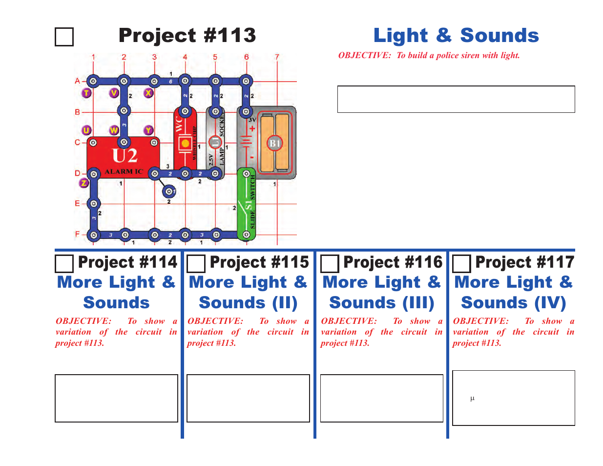 Project #113 light & sounds, Project #114 more light & sounds, Project #116 more light & sounds (iii) | Project #117 more light & sounds (iv), Project #115 more light & sounds (ii) | Elenco Upgrade Kit SC100 to SC500 User Manual | Page 13 / 140