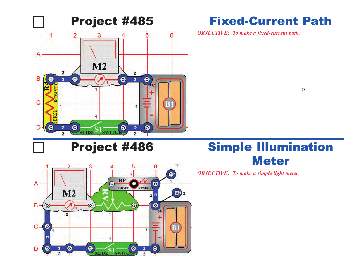 Project #485, Fixed-current path project #486, Simple illumination meter | Elenco Upgrade Kit SC100 to SC500 User Manual | Page 131 / 140