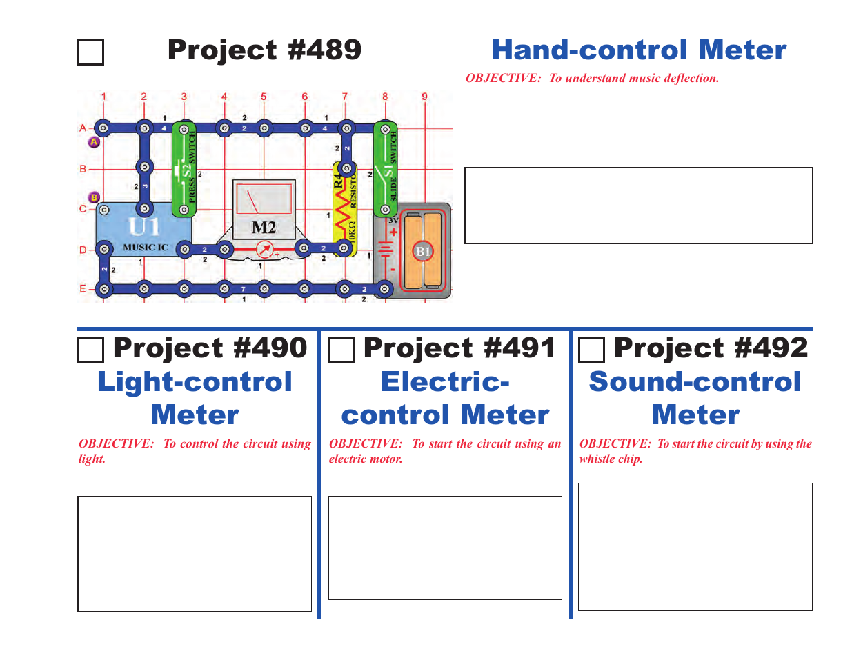 Project #489, Hand-control meter, Light-control meter project #490 | Electric- control meter project #491, Sound-control meter project #492 | Elenco Upgrade Kit SC100 to SC500 User Manual | Page 133 / 140
