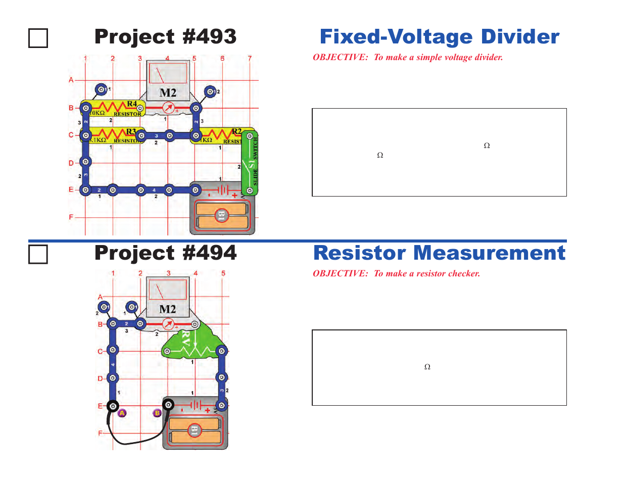 Project #493, Fixed-voltage divider project #494, Resistor measurement | Elenco Upgrade Kit SC100 to SC500 User Manual | Page 134 / 140