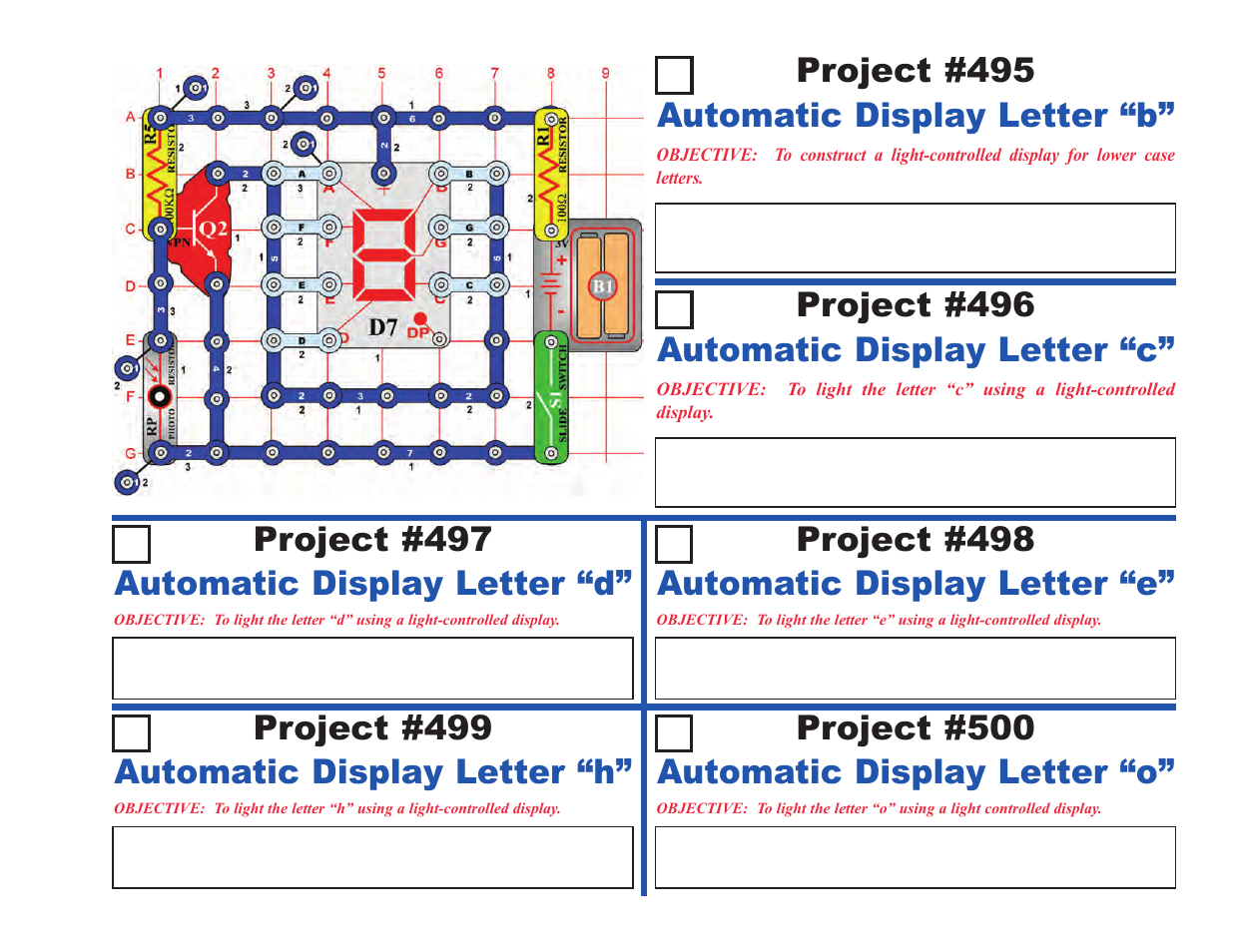 Automatic display letter “d, Automatic display letter “e” project #499, Automatic display letter “h” project #500 | Automatic display letter “o | Elenco Upgrade Kit SC100 to SC500 User Manual | Page 135 / 140