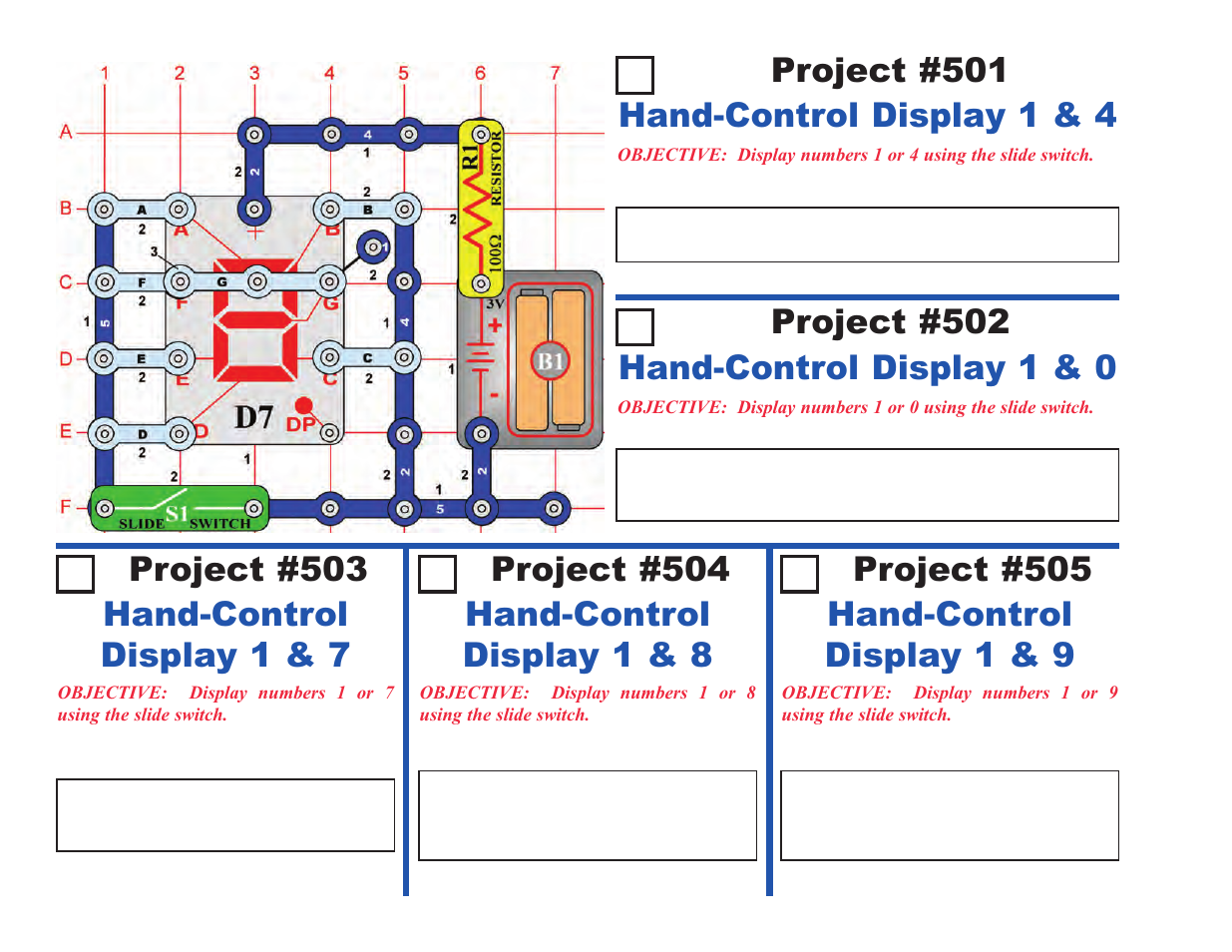 Project #501, Hand-control display 1 & 9 | Elenco Upgrade Kit SC100 to SC500 User Manual | Page 136 / 140