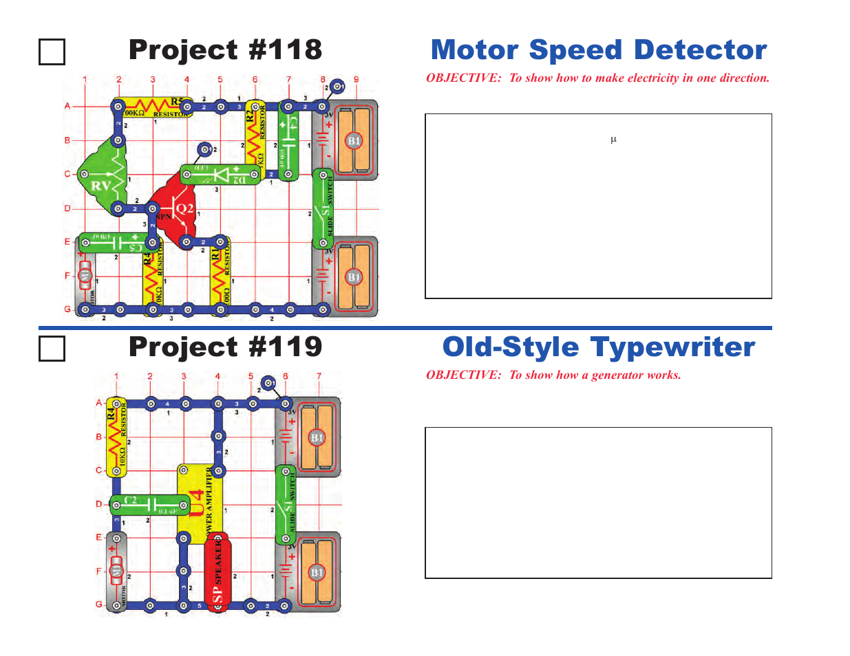 Project #118, Motor speed detector project #119, Old-style typewriter | Elenco Upgrade Kit SC100 to SC500 User Manual | Page 14 / 140