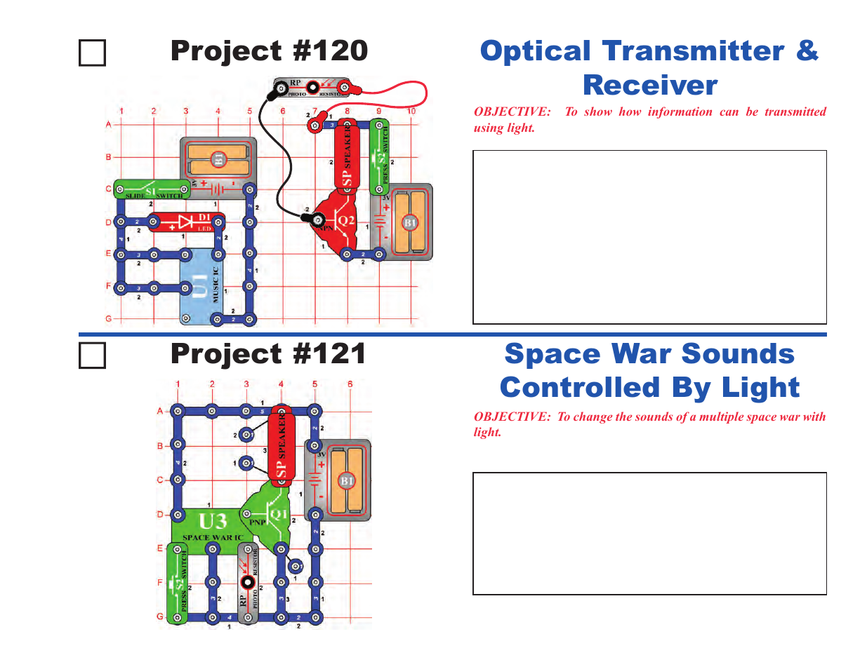 Project #120, Optical transmitter & receiver project #121, Space war sounds controlled by light | Elenco Upgrade Kit SC100 to SC500 User Manual | Page 15 / 140