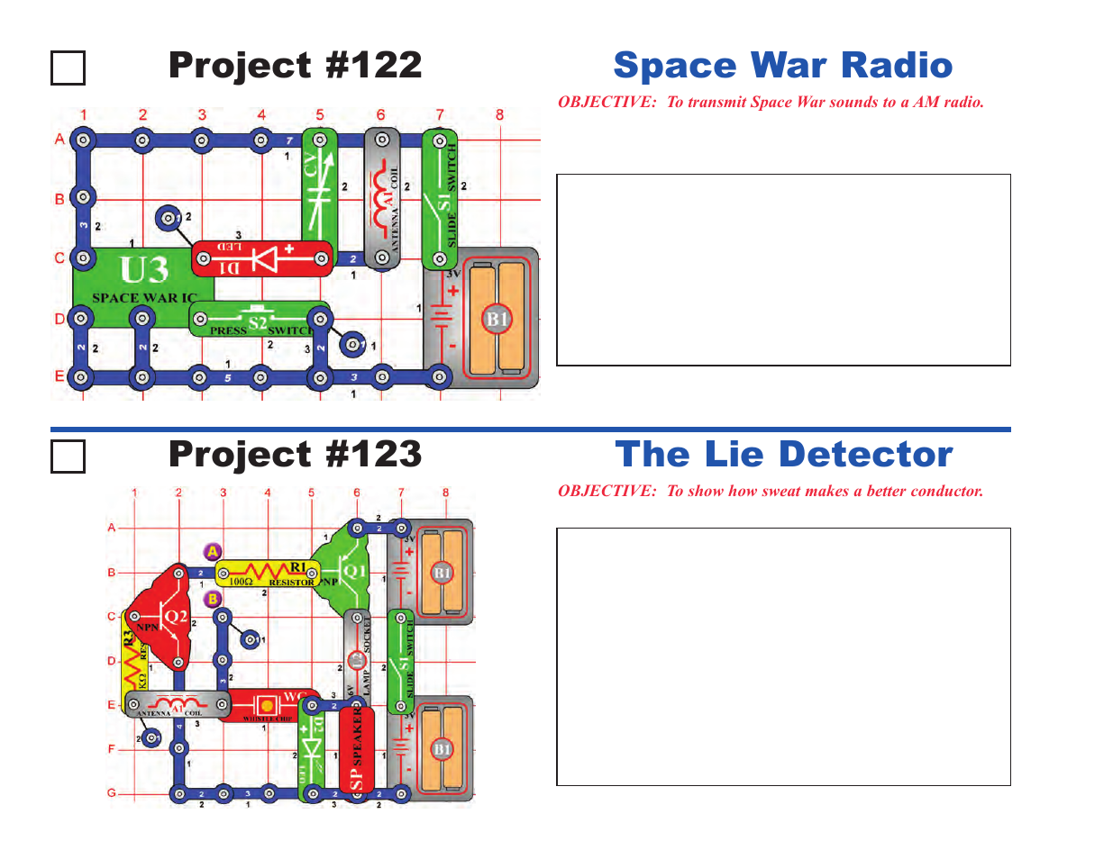 Project #122, Space war radio project #123, The lie detector | Elenco Upgrade Kit SC100 to SC500 User Manual | Page 16 / 140