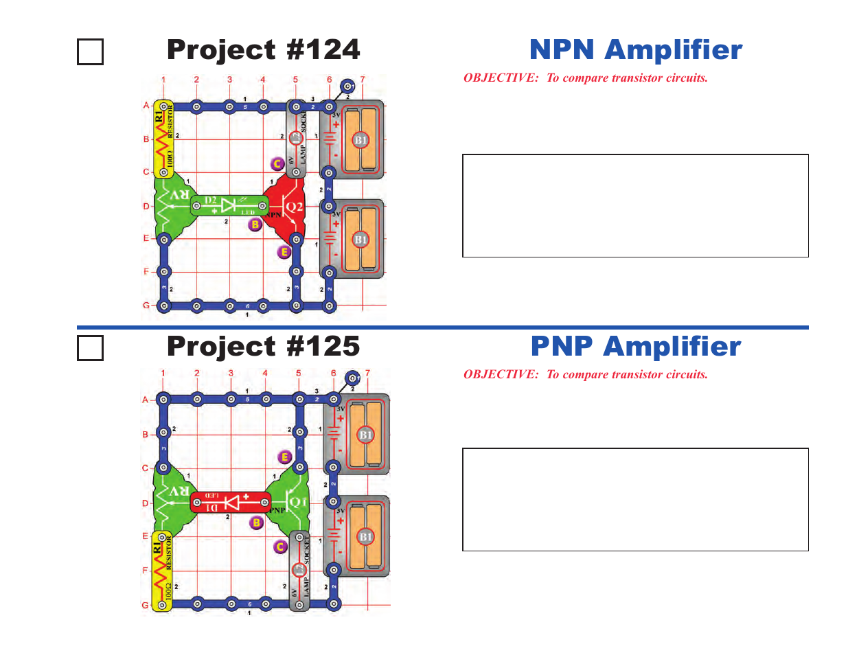 Project #124, Npn amplifier project #125, Pnp amplifier | Elenco Upgrade Kit SC100 to SC500 User Manual | Page 17 / 140