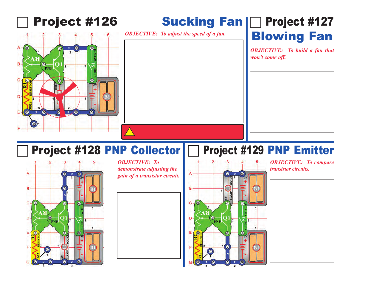 Project #126 sucking fan, Project #128 pnp collector | Elenco Upgrade Kit SC100 to SC500 User Manual | Page 18 / 140