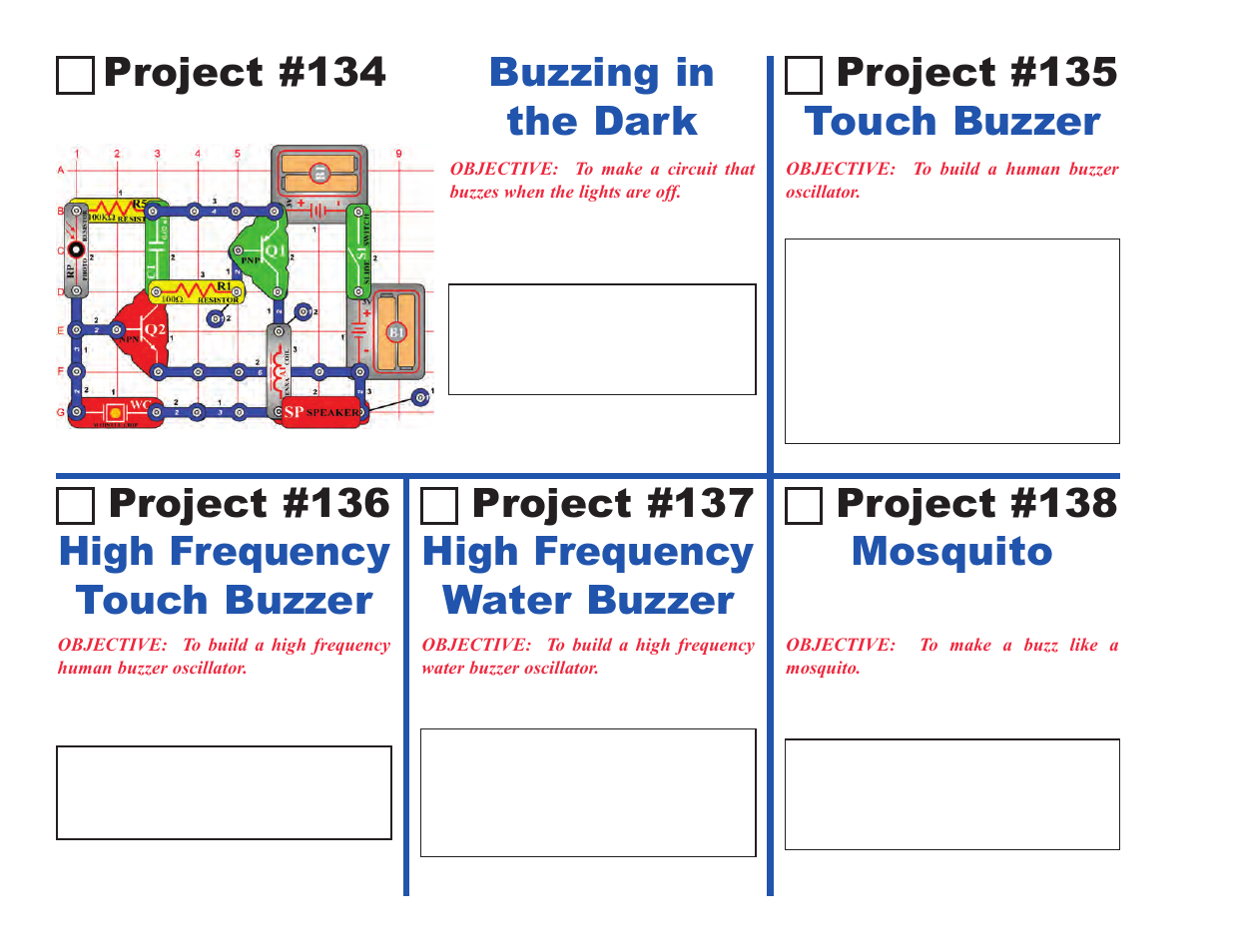 Project #134, Project #137 high frequency water buzzer, Project #138 mosquito | Project #135 touch buzzer | Elenco Upgrade Kit SC100 to SC500 User Manual | Page 20 / 140