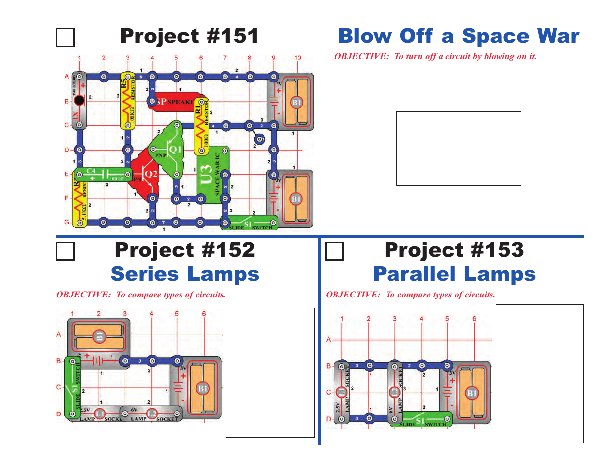 Project #151, Blow off a space war project #152 series lamps, Project #153 parallel lamps | Elenco Upgrade Kit SC100 to SC500 User Manual | Page 23 / 140