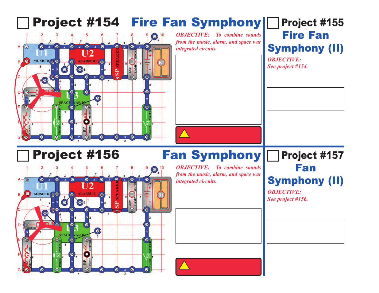Project #154 fire fan symphony, Project #156 fan symphony, Project #157 fan symphony (ii) | Project #155 fire fan symphony (ii) | Elenco Upgrade Kit SC100 to SC500 User Manual | Page 24 / 140