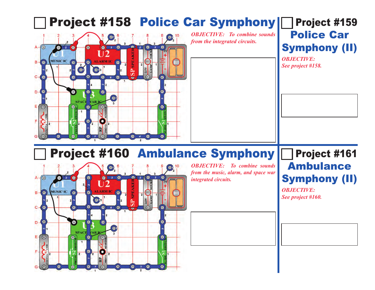 Project #158 police car symphony, Project #160 ambulance symphony, Project #161 ambulance symphony (ii) | Project #159 police car symphony (ii) | Elenco Upgrade Kit SC100 to SC500 User Manual | Page 25 / 140