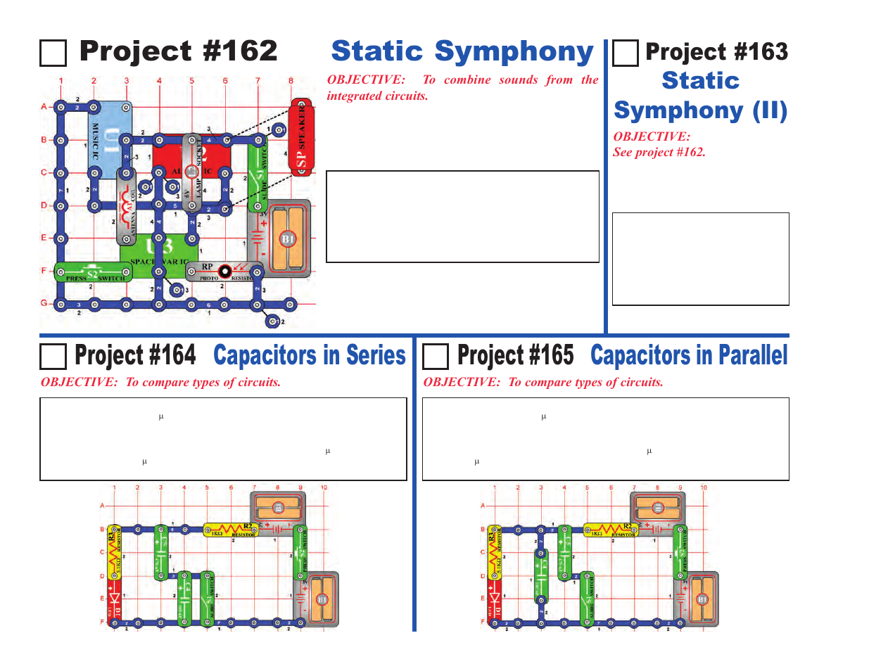 Project #162 static symphony, Project #164 capacitors in series, Project #165 capacitors in parallel | Project #163 static symphony (ii) | Elenco Upgrade Kit SC100 to SC500 User Manual | Page 26 / 140
