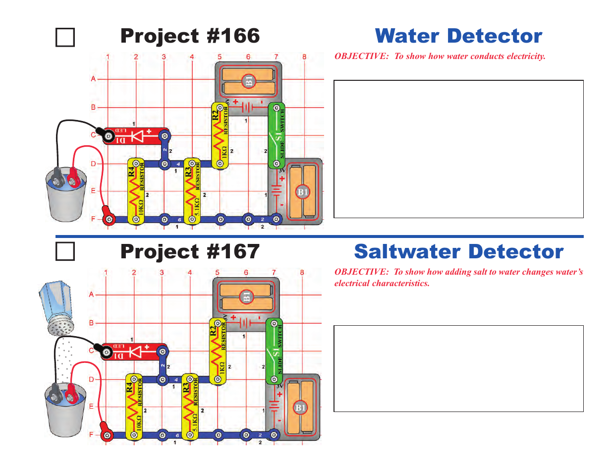 Project #166, Water detector project #167, Saltwater detector | Elenco Upgrade Kit SC100 to SC500 User Manual | Page 27 / 140