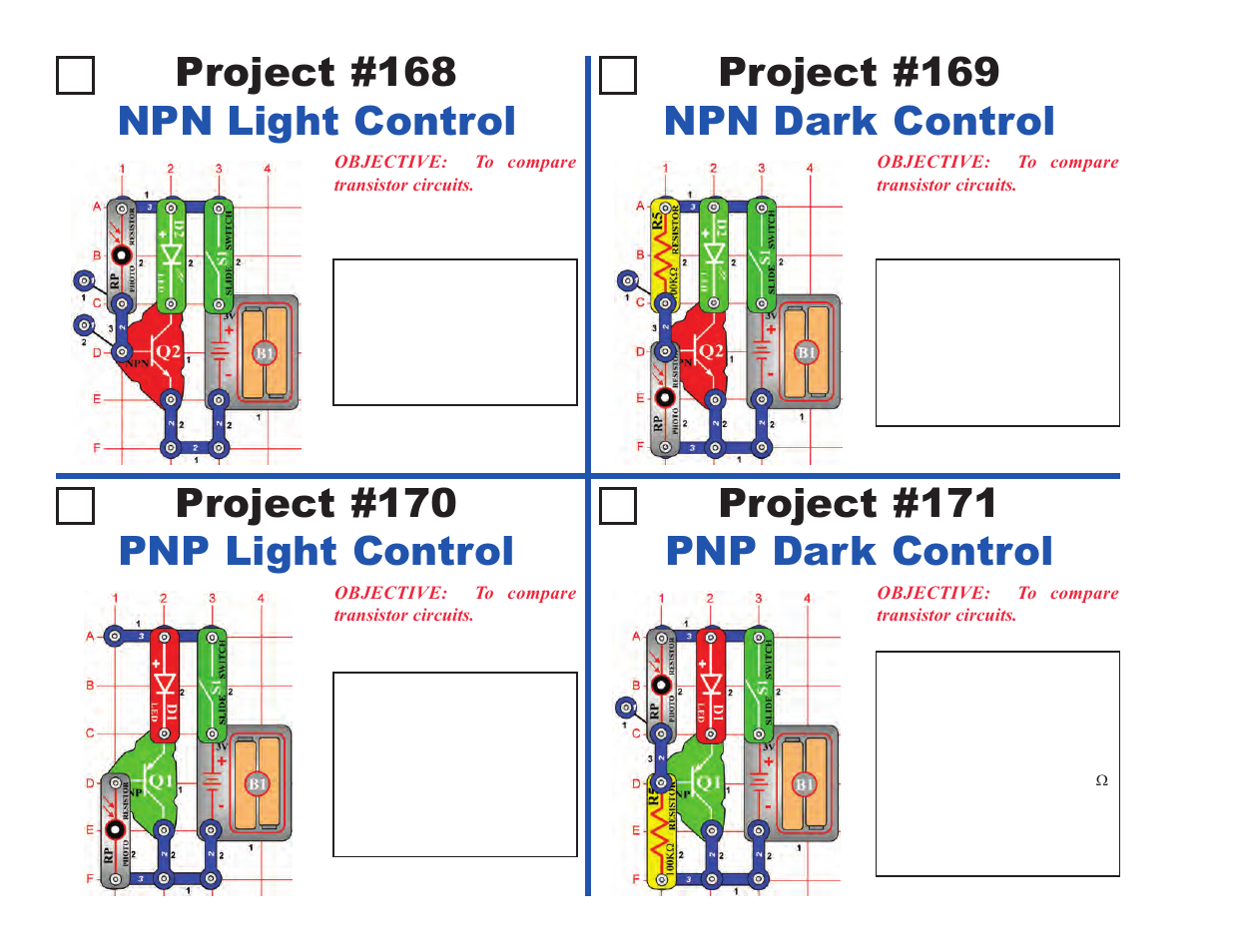 Project #168 npn light control, Project #169 npn dark control, Project #170 pnp light control | Project #171 pnp dark control | Elenco Upgrade Kit SC100 to SC500 User Manual | Page 28 / 140