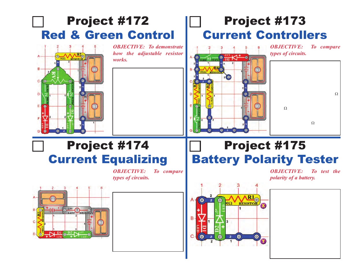 Project #172 red & green control, Project #173 current controllers, Project #174 current equalizing | Project #175 battery polarity tester | Elenco Upgrade Kit SC100 to SC500 User Manual | Page 29 / 140