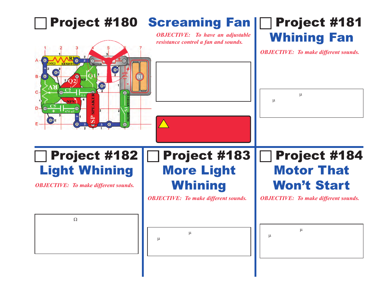 Project #180, Screaming fan project #182 light whining, Project #183 more light whining | Project #184 motor that won’t start, Project #181 whining fan | Elenco Upgrade Kit SC100 to SC500 User Manual | Page 31 / 140