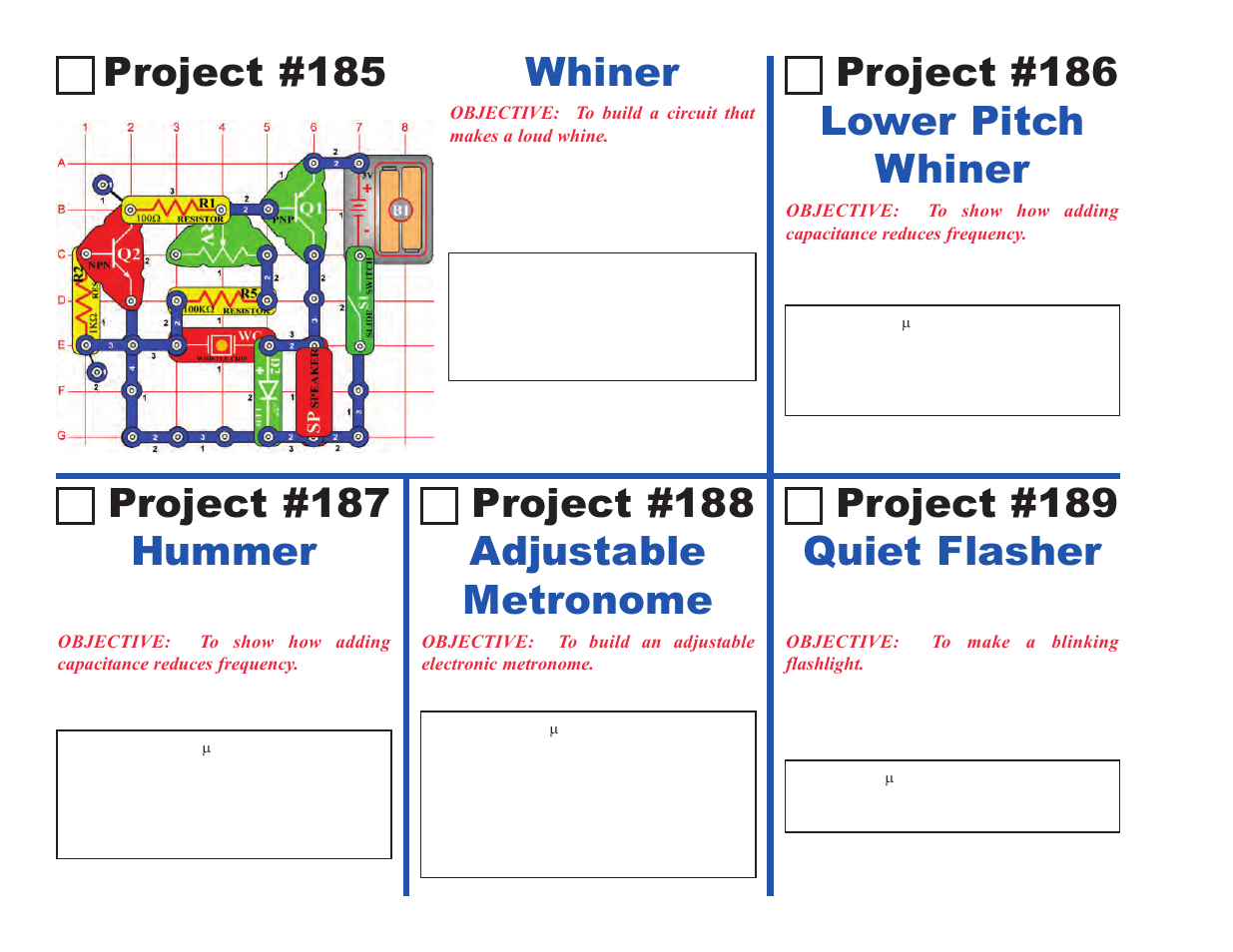 Project #185, Whiner project #187 hummer, Project #188 adjustable metronome | Project #189 quiet flasher, Project #186 lower pitch whiner | Elenco Upgrade Kit SC100 to SC500 User Manual | Page 32 / 140