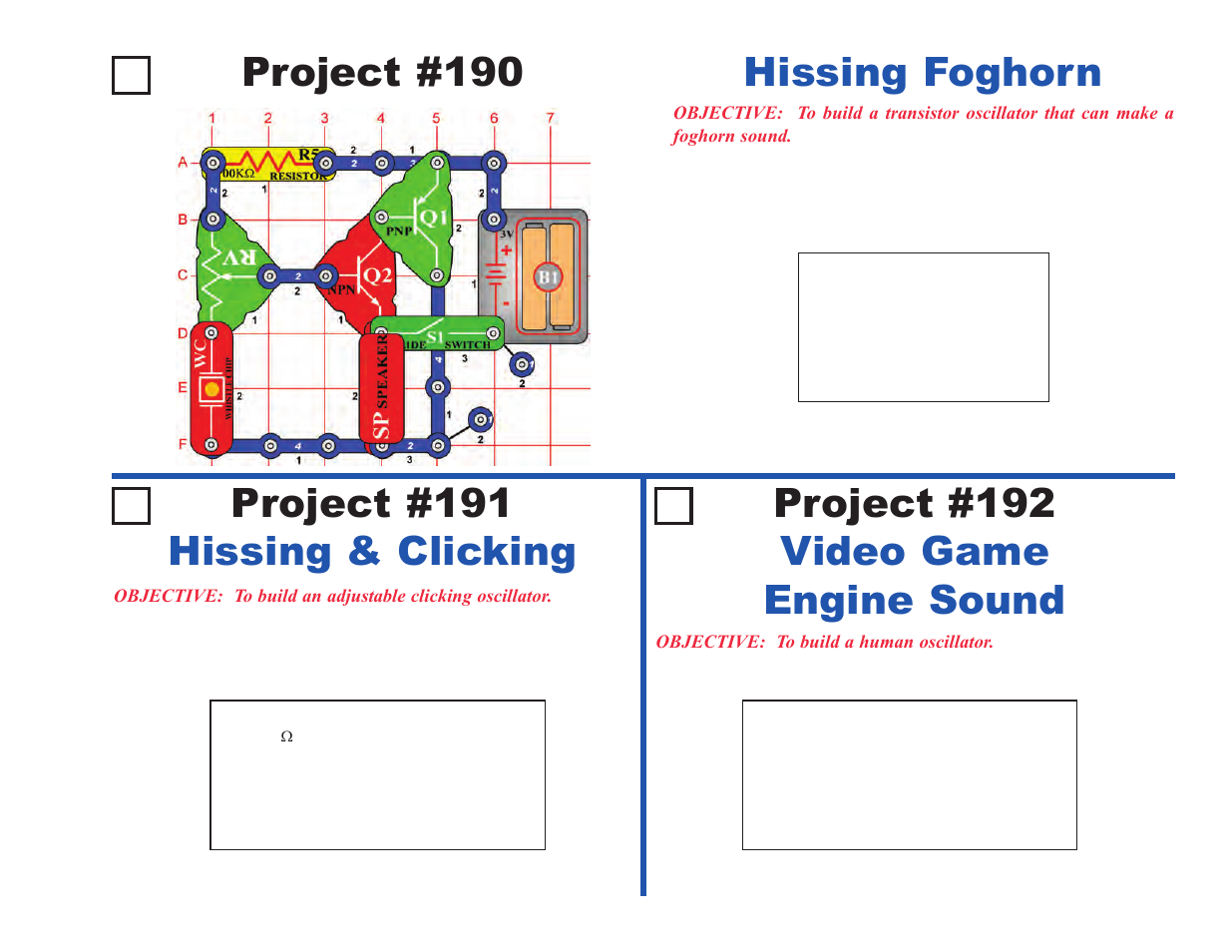 Project #190, Hissing foghorn project #191 hissing & clicking, Project #192 video game engine sound | Elenco Upgrade Kit SC100 to SC500 User Manual | Page 33 / 140