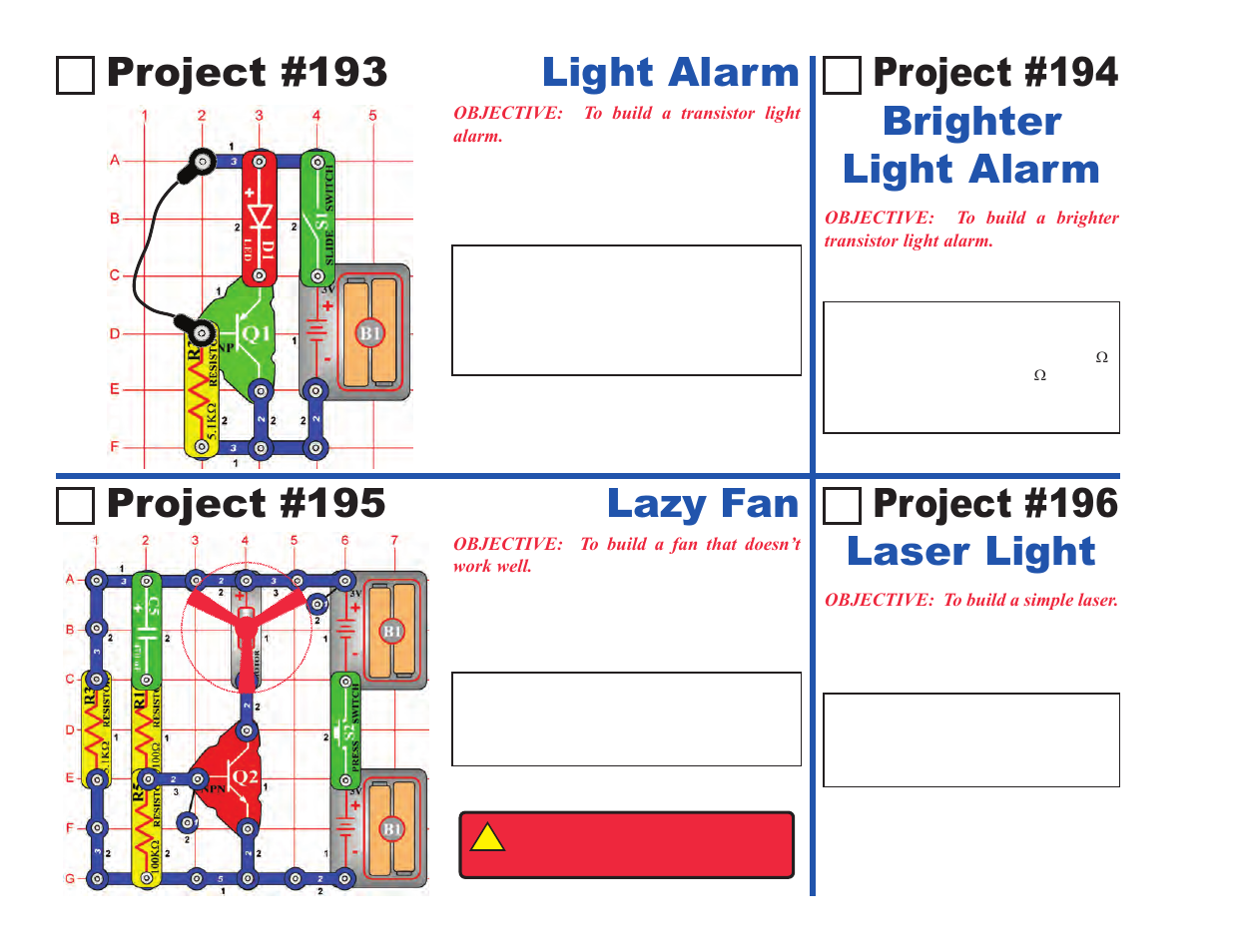 Project #193 light alarm, Project #196 laser light, Project #195 lazy fan | Project #194 brighter light alarm | Elenco Upgrade Kit SC100 to SC500 User Manual | Page 34 / 140