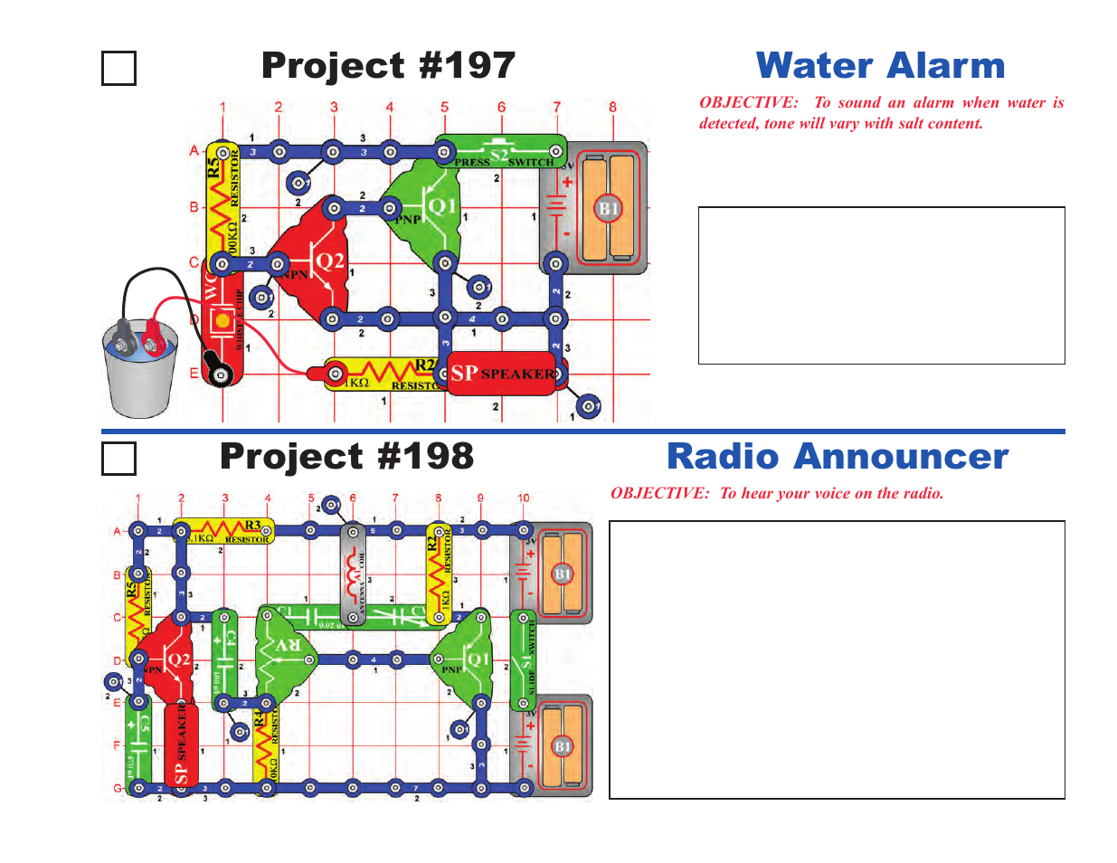 Project #197, Water alarm project #198, Radio announcer | Elenco Upgrade Kit SC100 to SC500 User Manual | Page 35 / 140