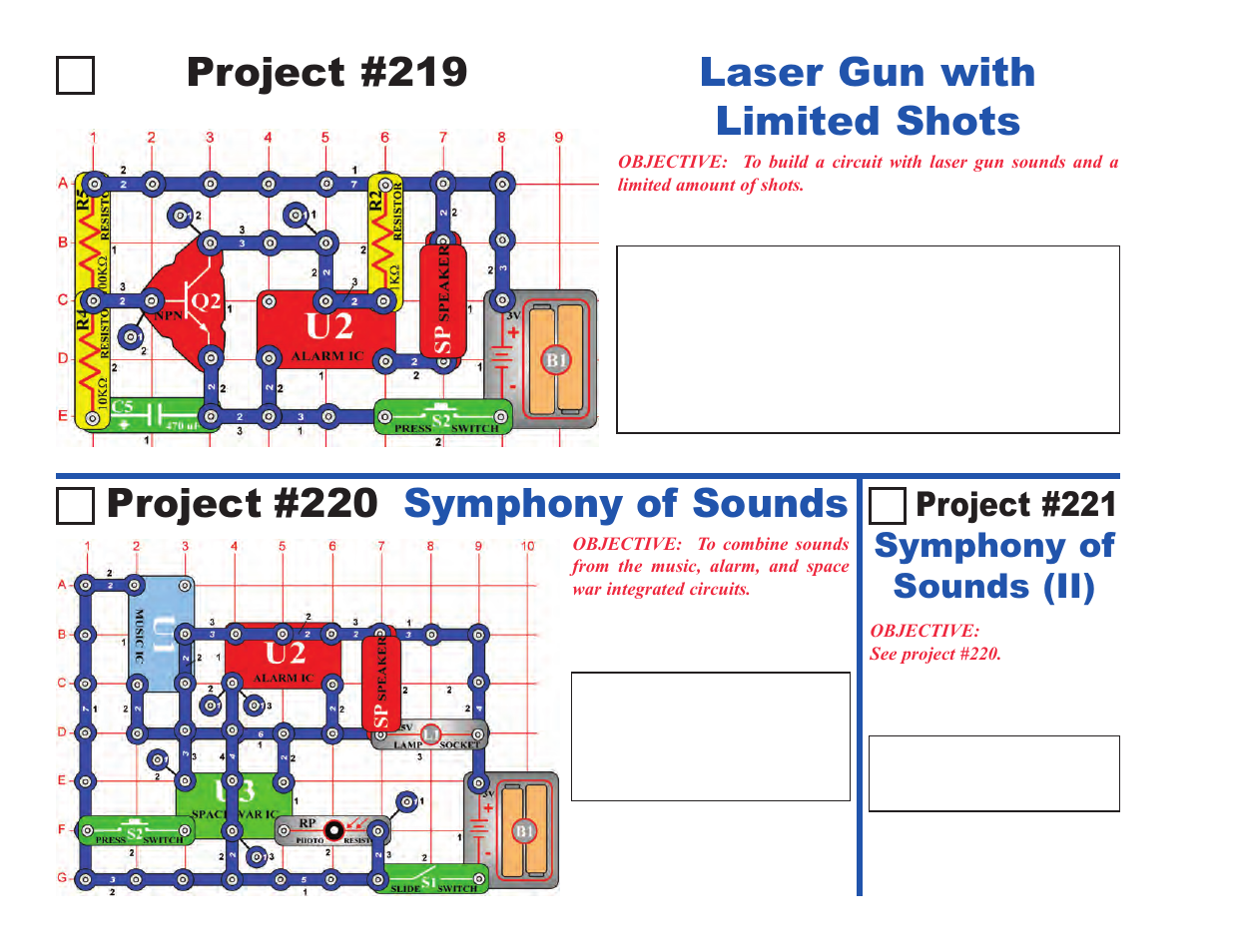 Project #219 laser gun with limited shots, Project #220 symphony of sounds, Project #221 symphony of sounds (ii) | Elenco Upgrade Kit SC100 to SC500 User Manual | Page 42 / 140