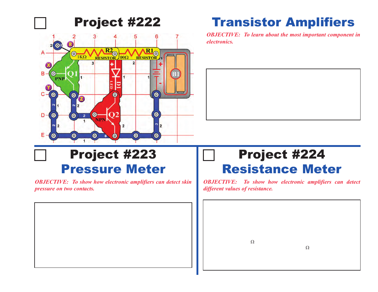 Project #222, Transistor amplifiers | Elenco Upgrade Kit SC100 to SC500 User Manual | Page 43 / 140