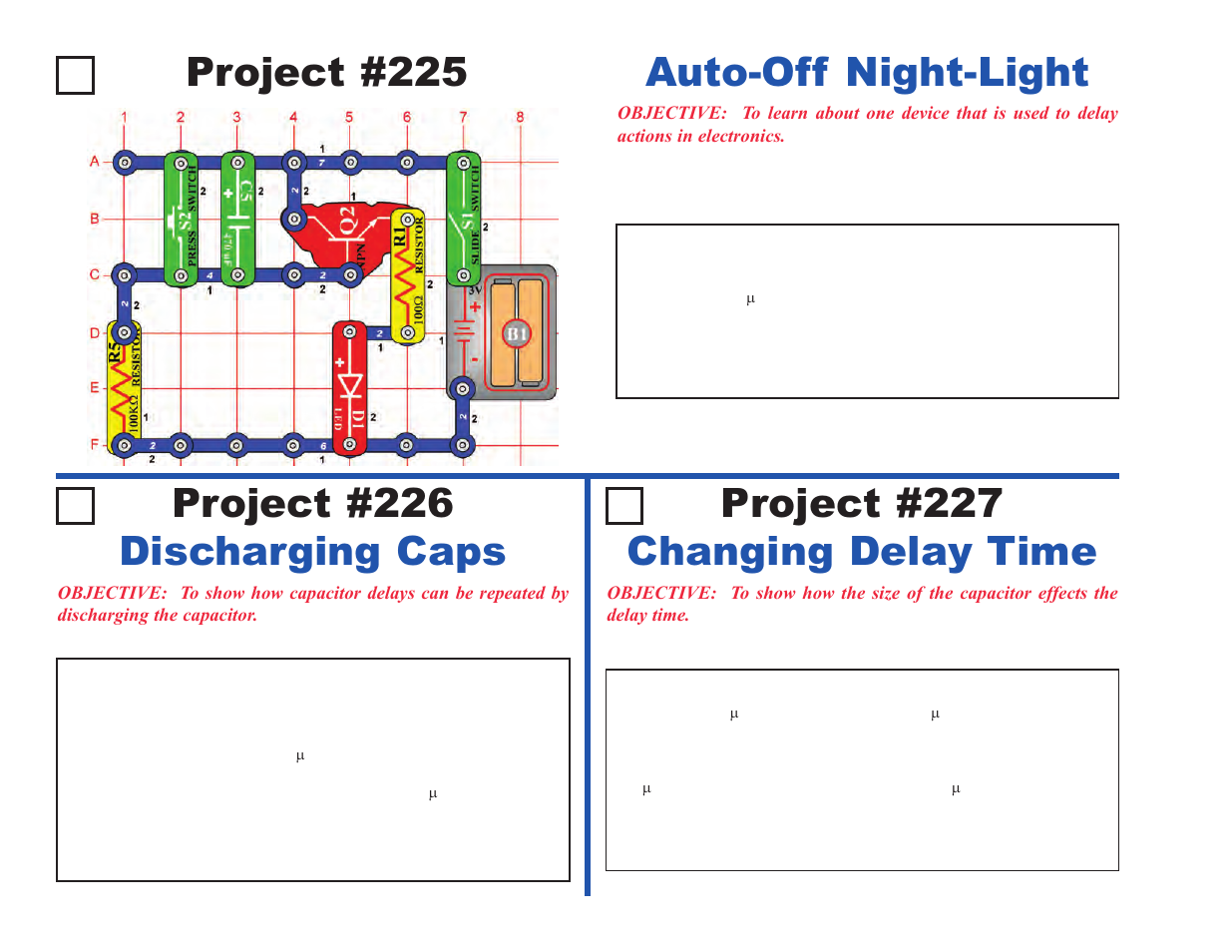 Project #225, Auto-off night-light | Elenco Upgrade Kit SC100 to SC500 User Manual | Page 44 / 140