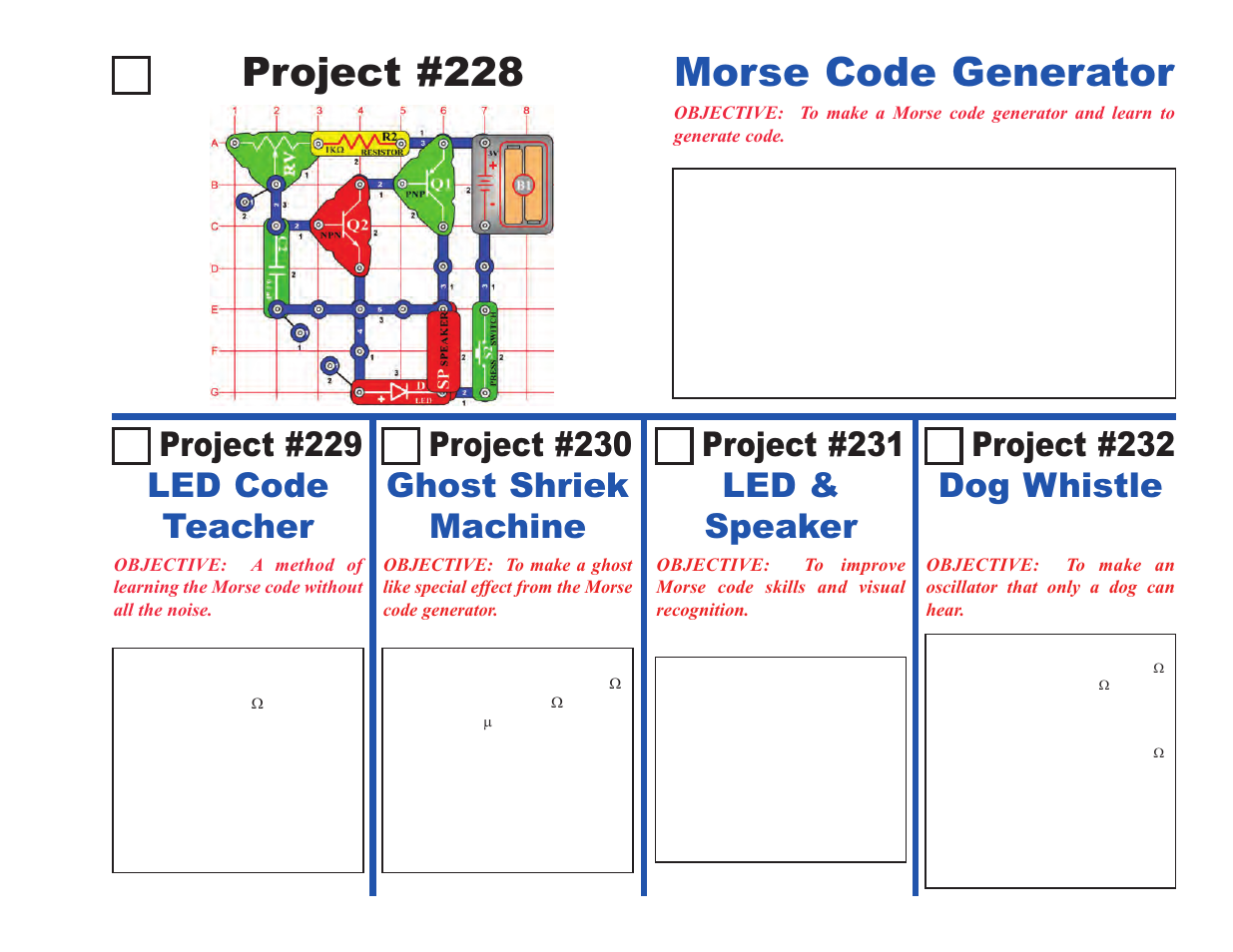 Project #228 morse code generator, Project #229 led code teacher, Project #231 led & speaker | Project #230 ghost shriek machine, Project #232 dog whistle | Elenco Upgrade Kit SC100 to SC500 User Manual | Page 45 / 140