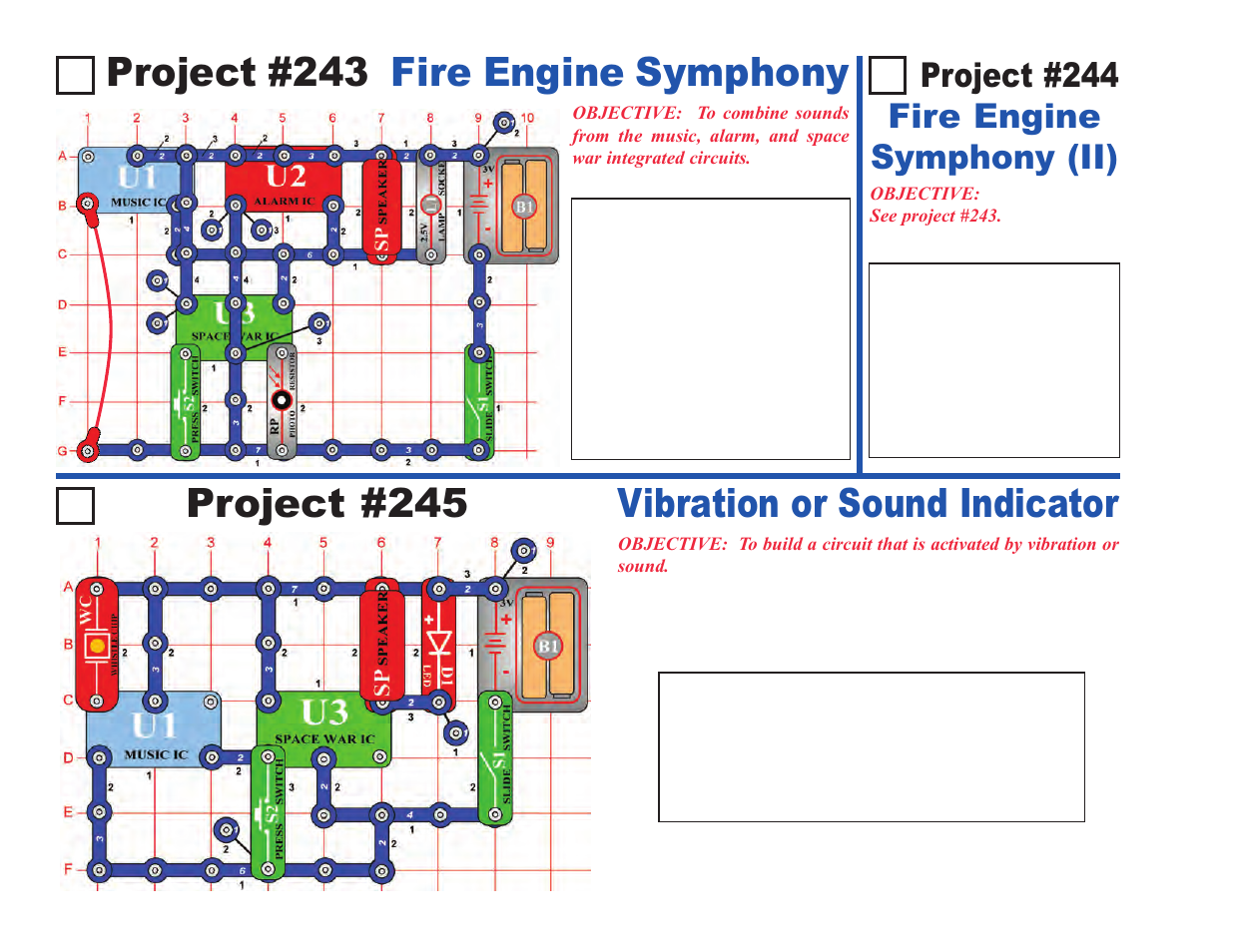 Project #243 fire engine symphony, Project #245 vibration or sound indicator, Project #244 fire engine symphony (ii) | Elenco Upgrade Kit SC100 to SC500 User Manual | Page 52 / 140