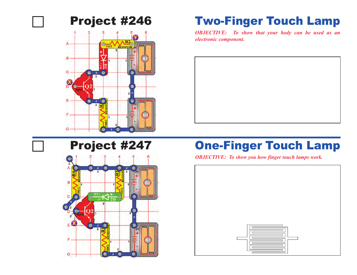 Project #246, Two-finger touch lamp project #247, One-finger touch lamp | Elenco Upgrade Kit SC100 to SC500 User Manual | Page 53 / 140