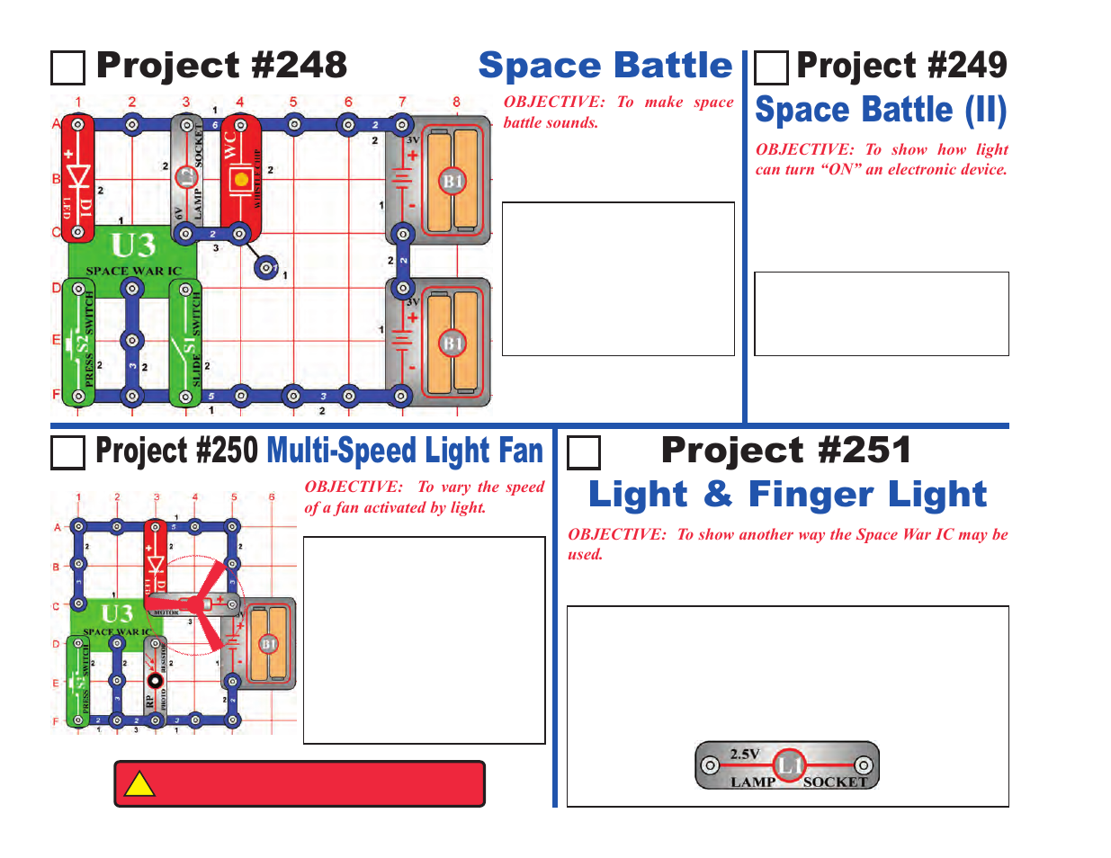 Project #248 space battle, Project #250 multi-speed light fan | Elenco Upgrade Kit SC100 to SC500 User Manual | Page 54 / 140
