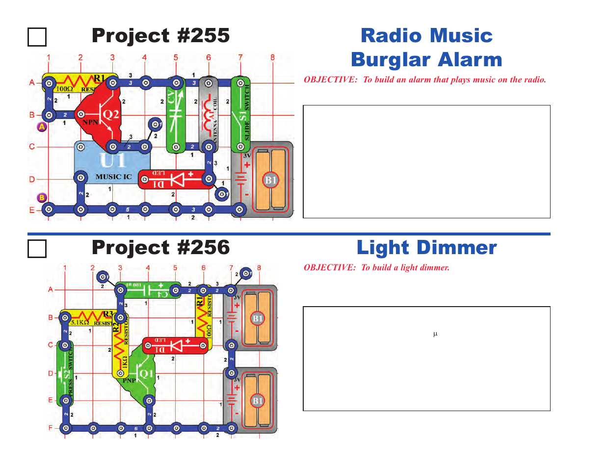 Project #255, Radio music burglar alarm project #256, Light dimmer | Elenco Upgrade Kit SC100 to SC500 User Manual | Page 56 / 140