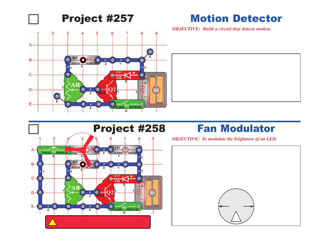 Project #257, Motion detector project #258, Fan modulator | Elenco Upgrade Kit SC100 to SC500 User Manual | Page 57 / 140