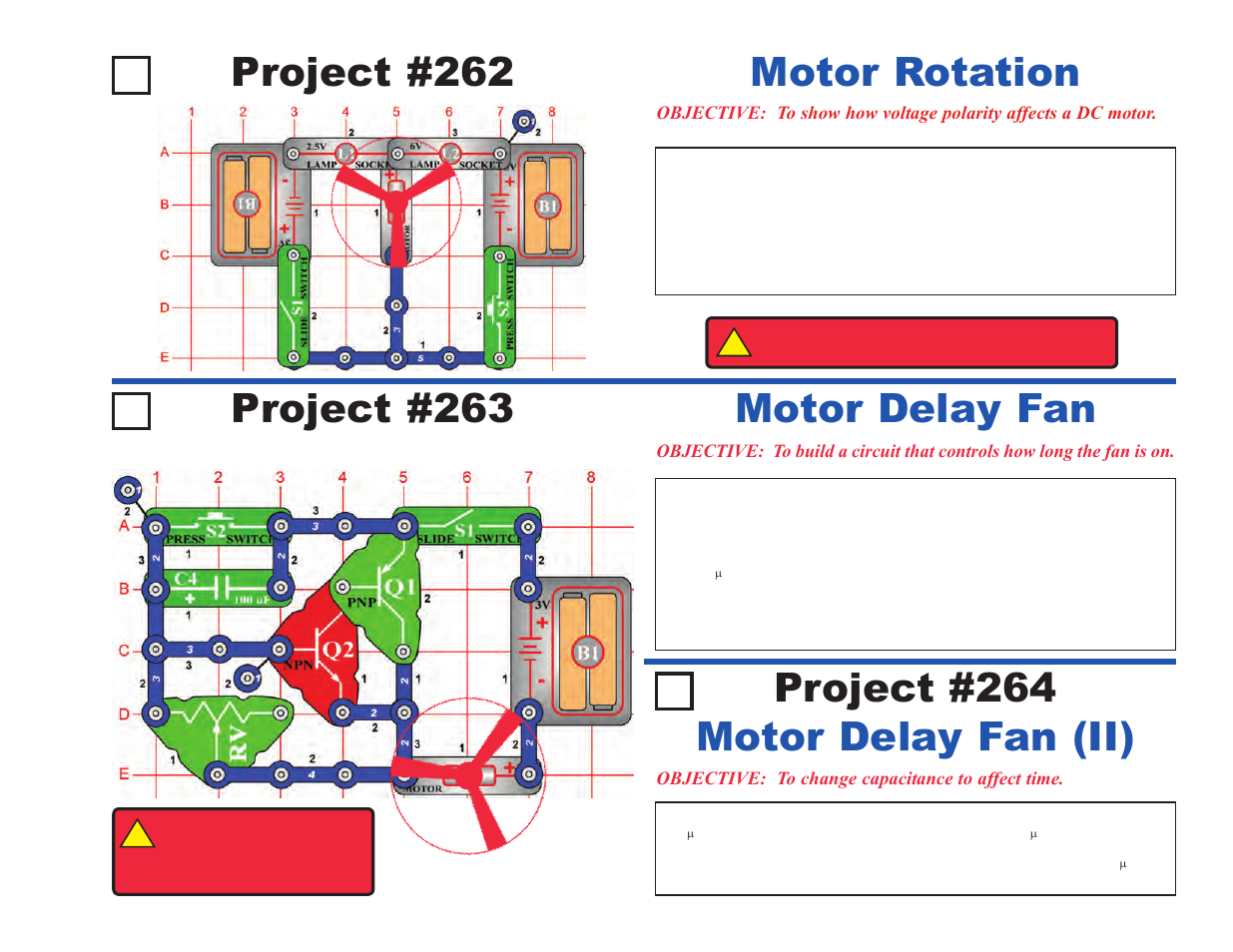 Project #262, Motor rotation, Project #264 motor delay fan (ii) | Project #263 motor delay fan | Elenco Upgrade Kit SC100 to SC500 User Manual | Page 59 / 140