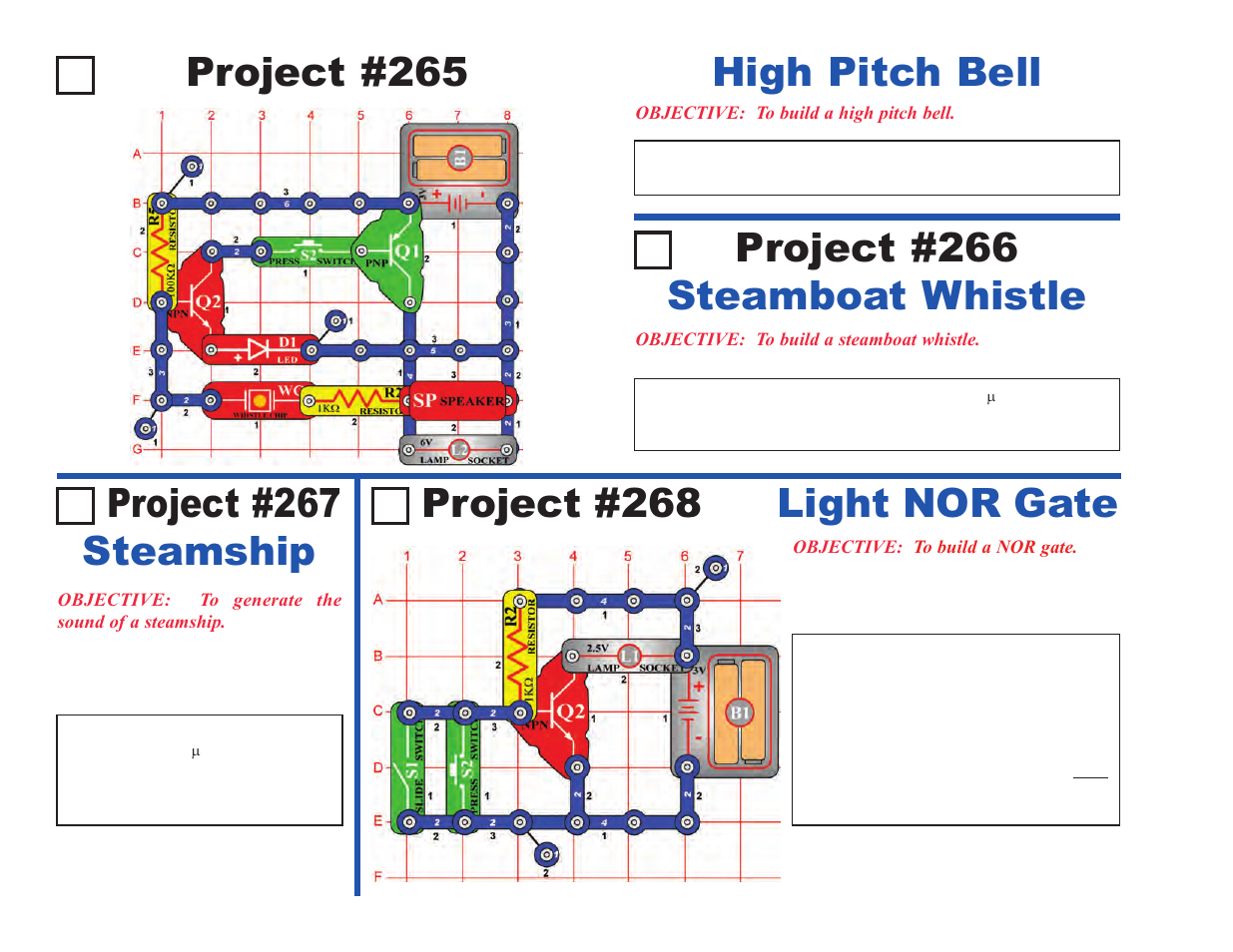 Project #266 steamboat whistle, Project #267 steamship, Project #268 light nor gate | Project #265 high pitch bell | Elenco Upgrade Kit SC100 to SC500 User Manual | Page 60 / 140