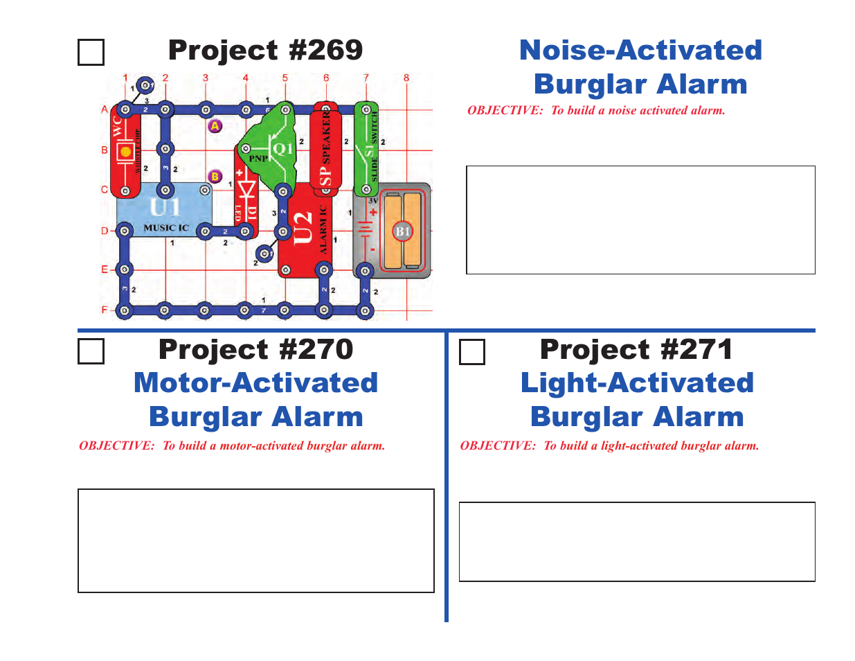 Project #269, Noise-activated burglar alarm | Elenco Upgrade Kit SC100 to SC500 User Manual | Page 61 / 140