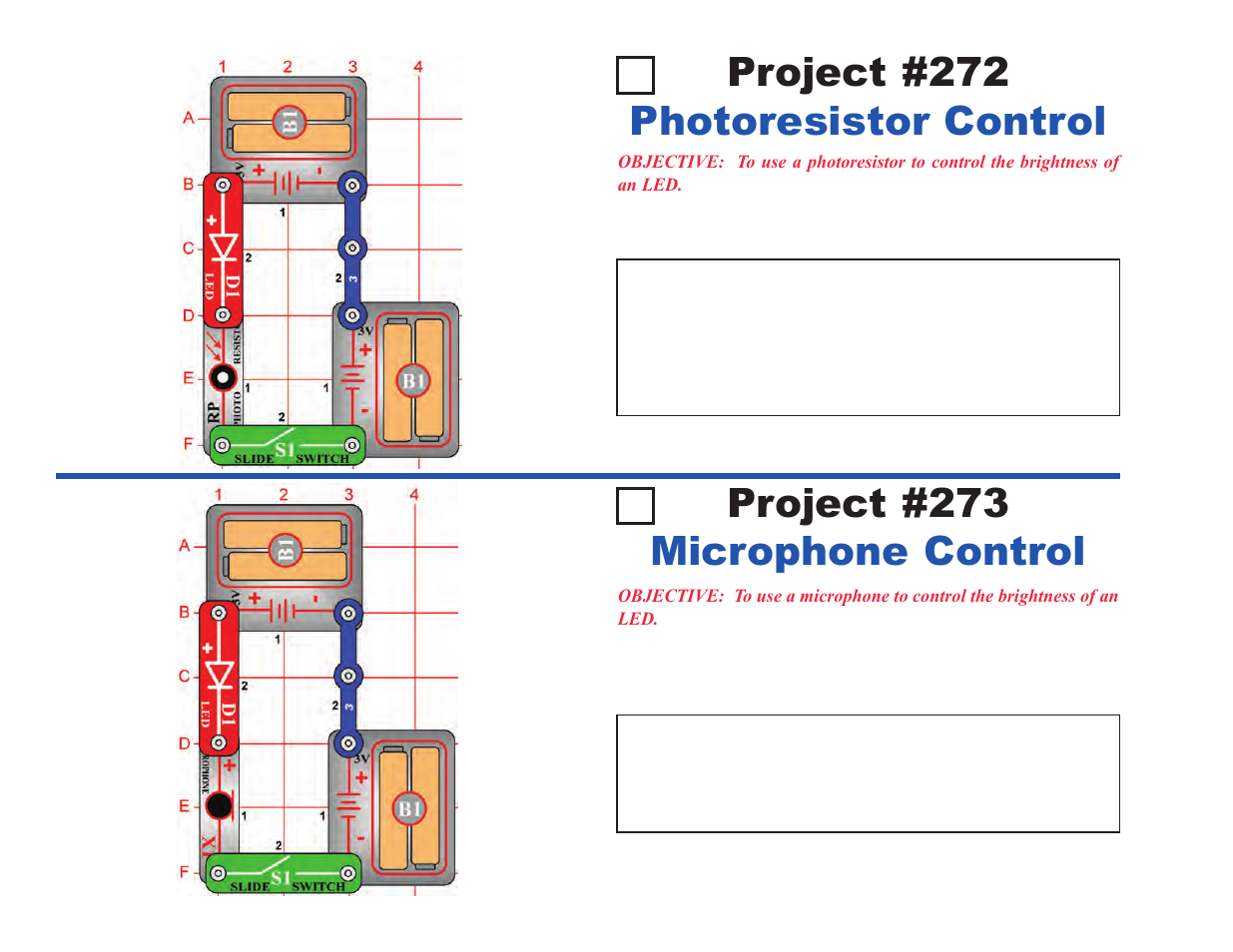Project #272 photoresistor control, Project #273 microphone control | Elenco Upgrade Kit SC100 to SC500 User Manual | Page 62 / 140