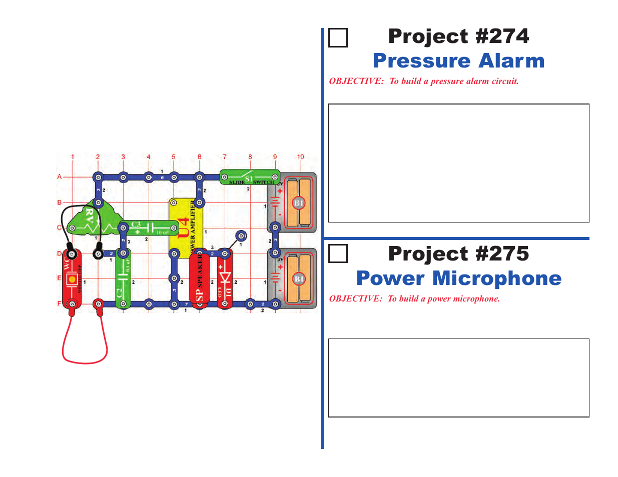 Project #274 pressure alarm, Project #275 power microphone | Elenco Upgrade Kit SC100 to SC500 User Manual | Page 63 / 140