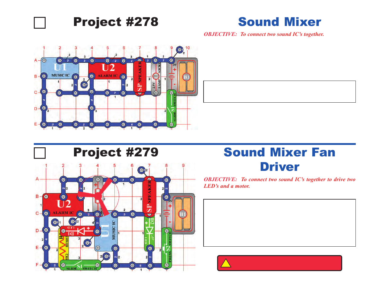 Project #278, Sound mixer project #279, Sound mixer fan driver | Elenco Upgrade Kit SC100 to SC500 User Manual | Page 65 / 140