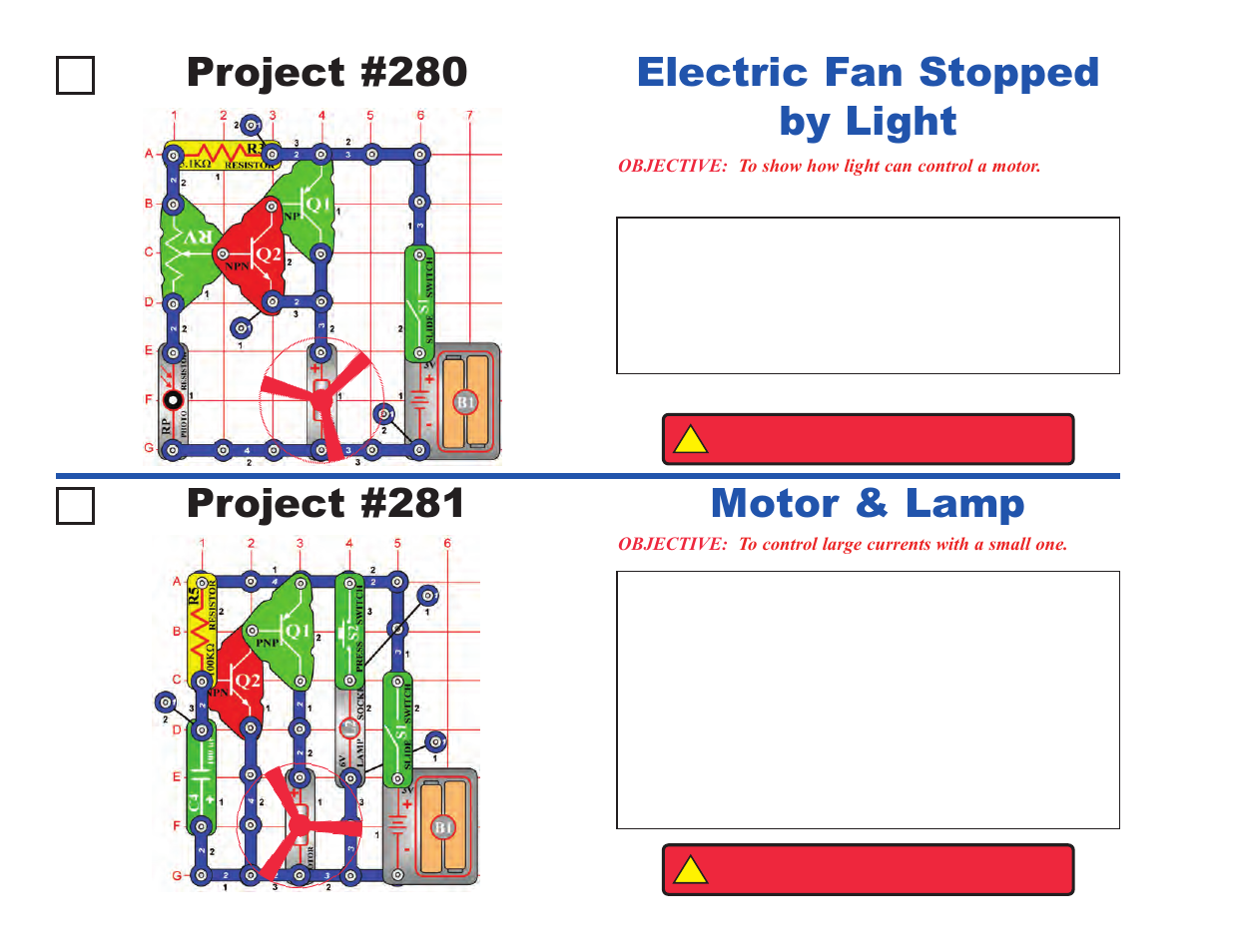 Project #280, Electric fan stopped by light project #281, Motor & lamp | Elenco Upgrade Kit SC100 to SC500 User Manual | Page 66 / 140