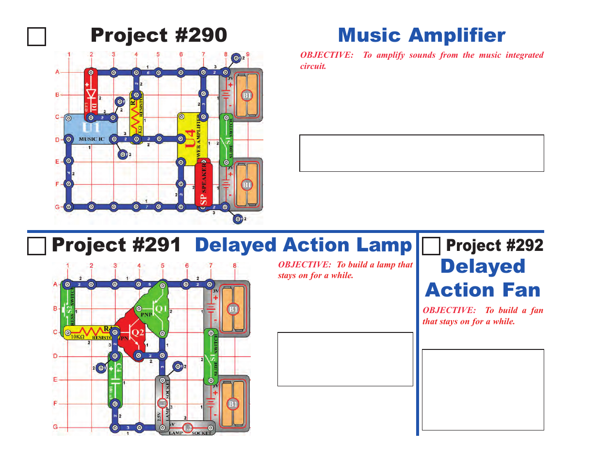 Project #290, Music amplifier project #291 delayed action lamp, Delayed action fan | Project #292 | Elenco Upgrade Kit SC100 to SC500 User Manual | Page 70 / 140