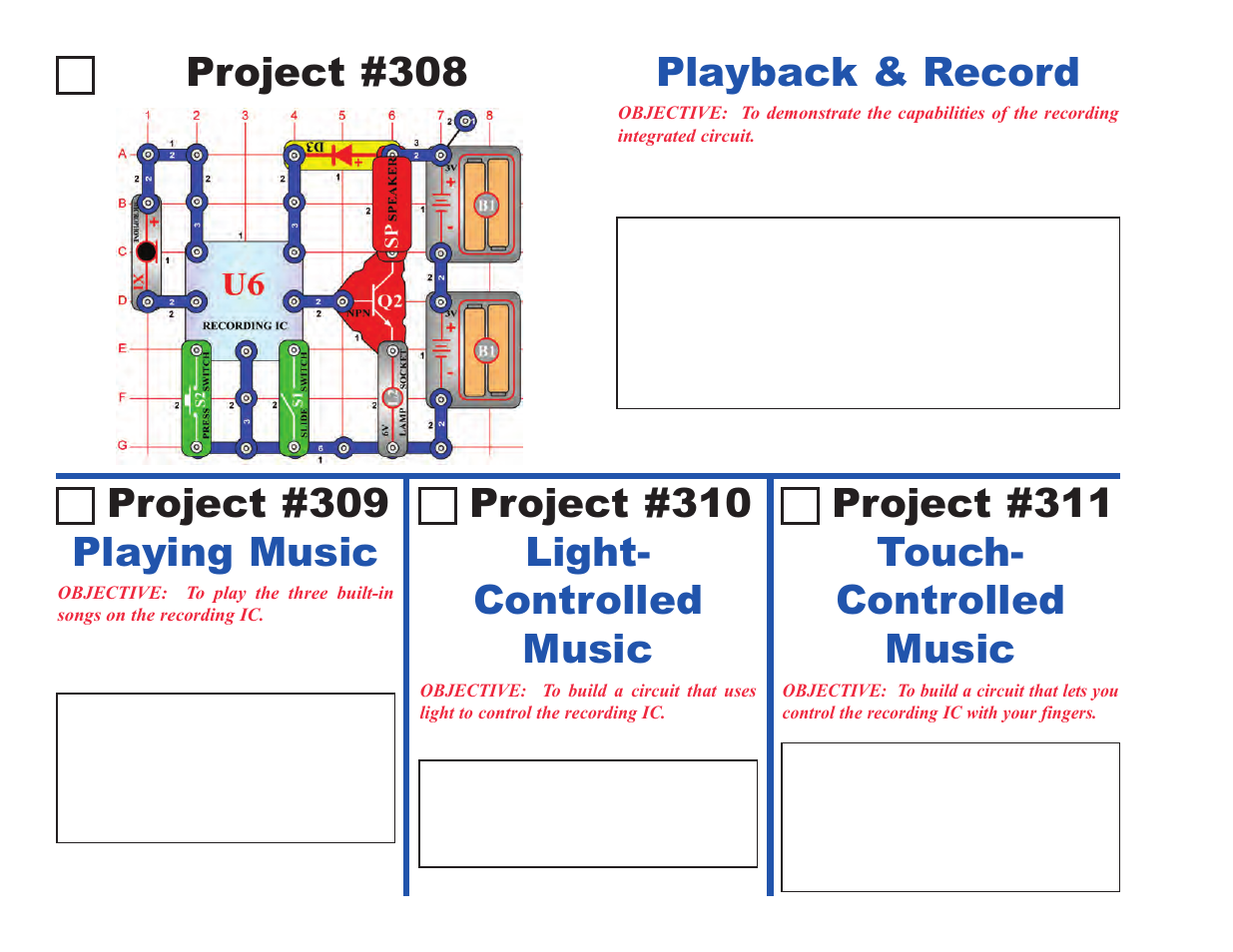 Project #308, Playback & record, Playing music project #309 | Light- controlled music project #310, Touch- controlled music project #311 | Elenco Upgrade Kit SC100 to SC500 User Manual | Page 86 / 140