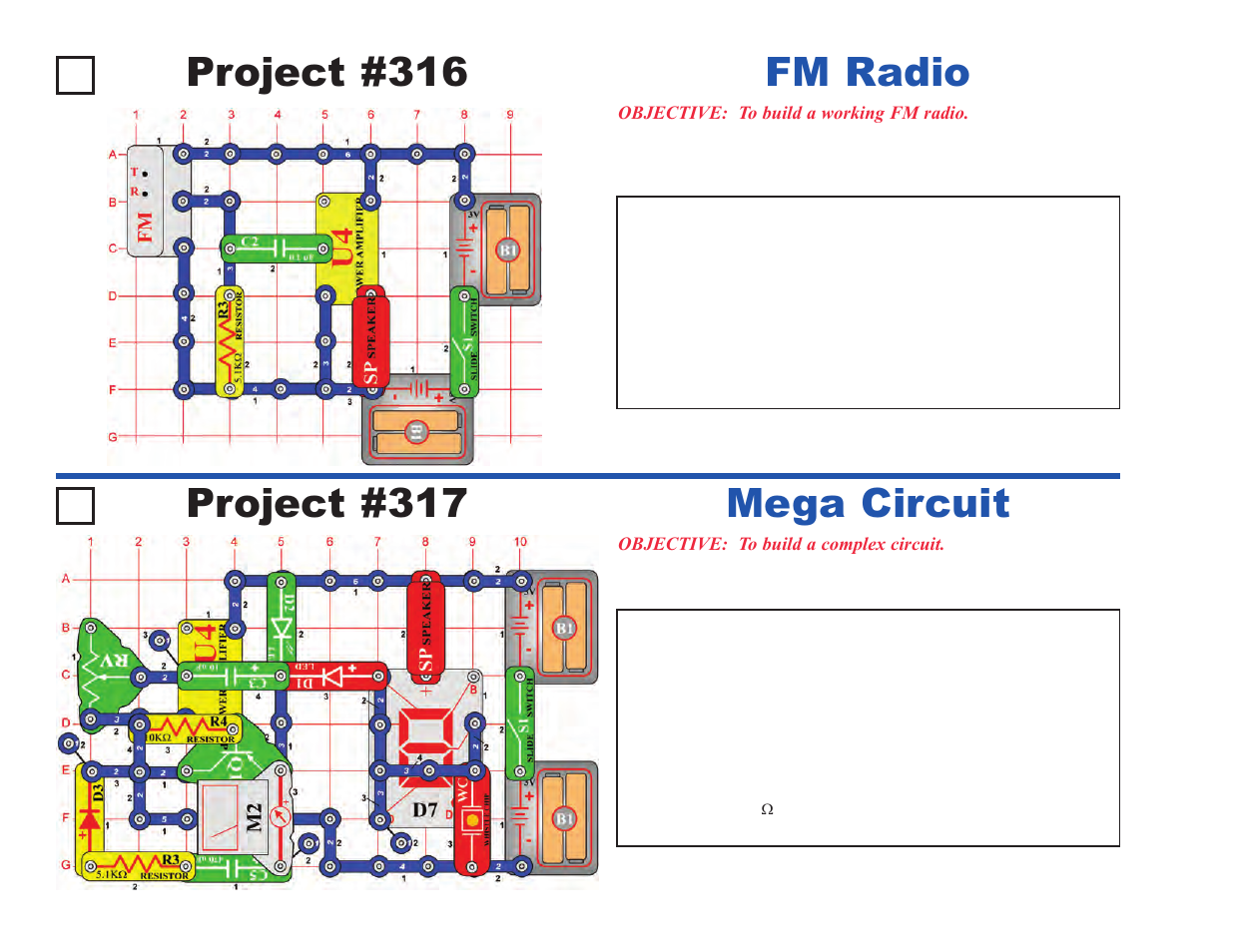Project #316, Fm radio project #317, Mega circuit | Elenco Upgrade Kit SC100 to SC500 User Manual | Page 88 / 140