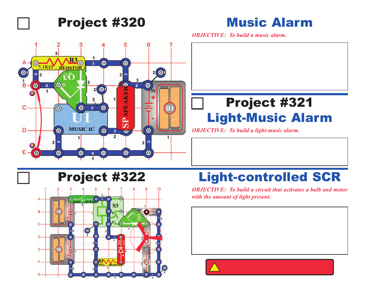 Project #320, Music alarm project #321, Light-music alarm | Project #322, Light-controlled scr | Elenco Upgrade Kit SC100 to SC500 User Manual | Page 90 / 140