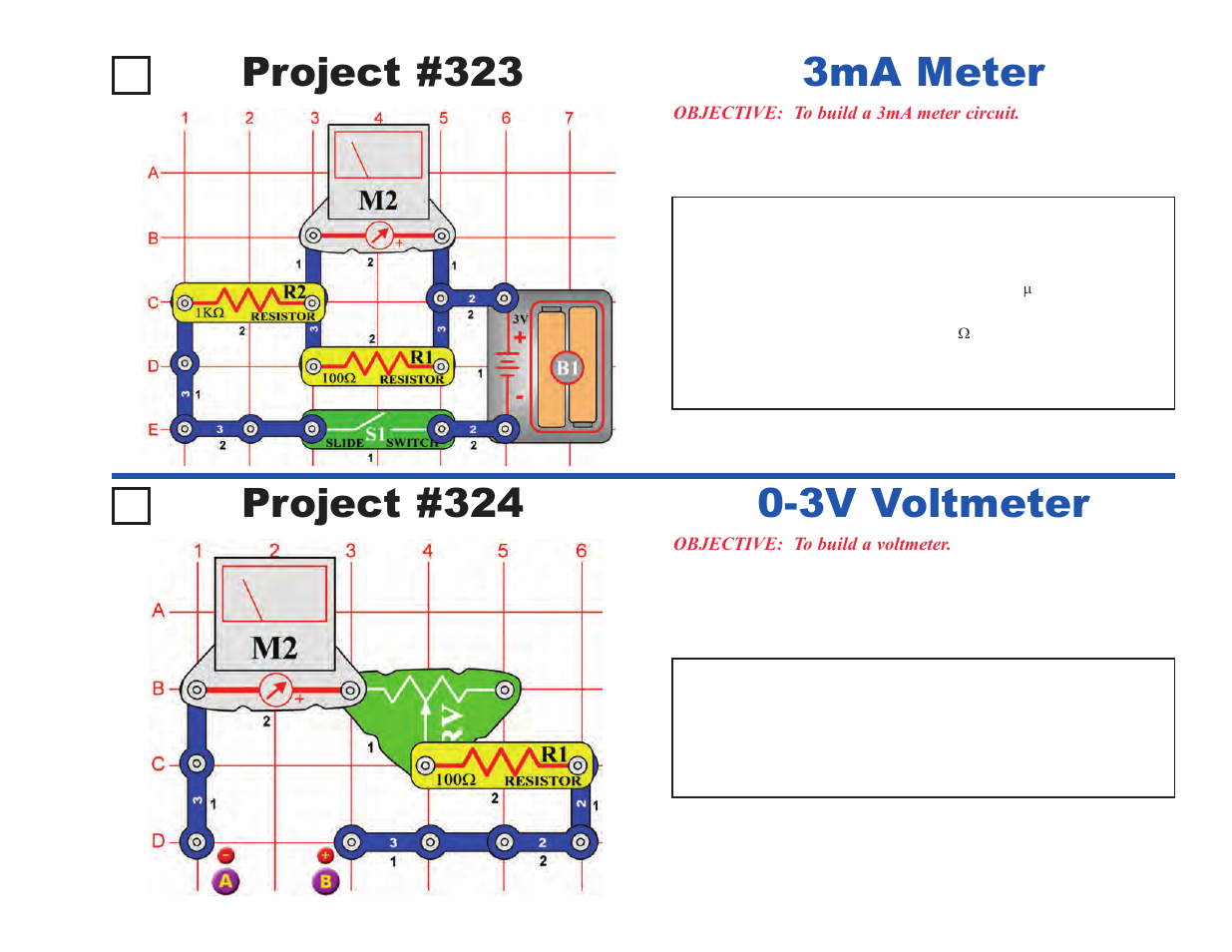Project #323, 3ma meter project #324, 3v voltmeter | Elenco Upgrade Kit SC100 to SC500 User Manual | Page 91 / 140