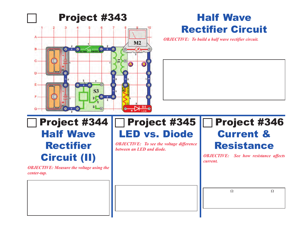 Project #343, Half wave rectifier circuit, Half wave rectifier circuit (ii) project #344 | Led vs. diode project #345, Current & resistance project #346 | Elenco Upgrade Kit SC100 to SC500 User Manual | Page 97 / 140