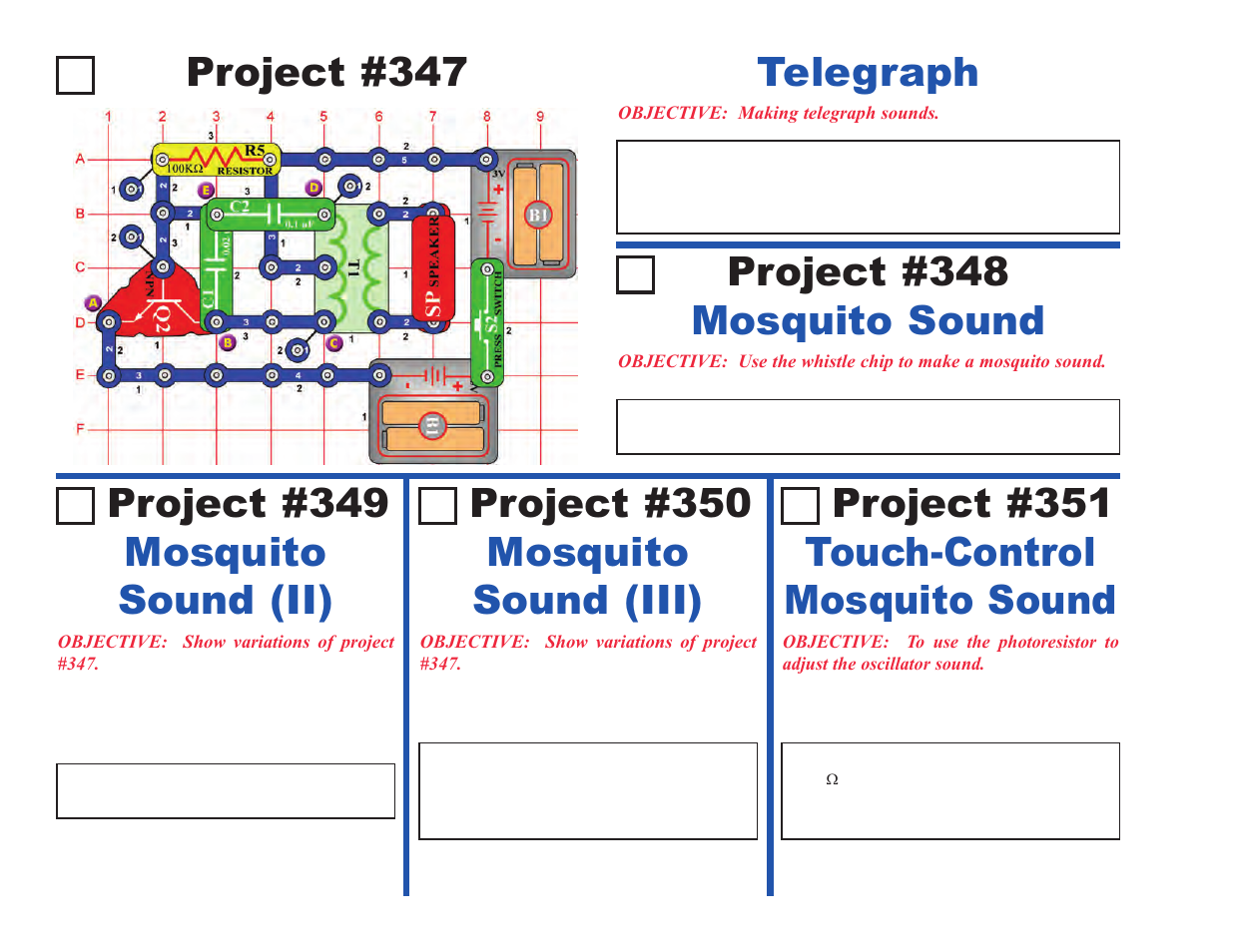 Project #347, Telegraph, Mosquito sound (ii) project #349 | Mosquito sound (iii) project #350, Touch-control mosquito sound project #351, Mosquito sound project #348 | Elenco Upgrade Kit SC100 to SC500 User Manual | Page 98 / 140