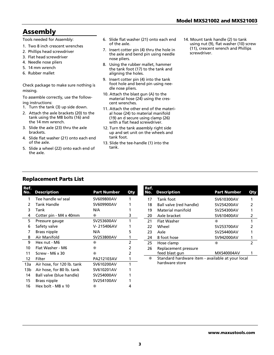 Assembly, Replacement parts list | Maxus tools MXS21002 User Manual | Page 3 / 8